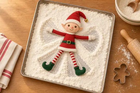 Le lutin allongé dans un plateau de farine, bras et jambes écartés : il a dessiné un ange de neige.