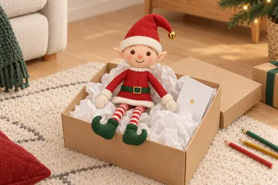 Le lutin dans une boîte à chaussures remplie de papier froissé, une lettre glissée dedans, des crayons à côté.