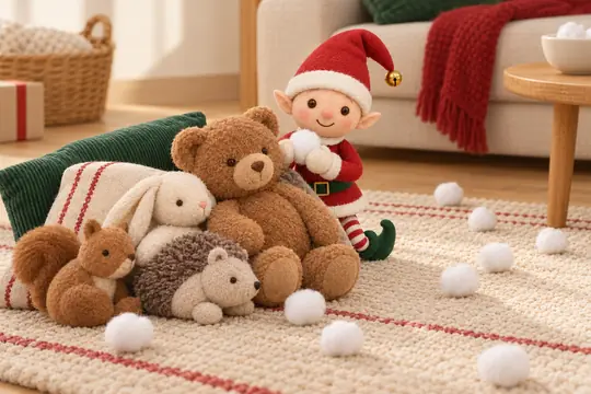 Des boules de coton éparpillées sur le tapis, le lutin caché derrière un fort de peluches, une boule dans les bras.