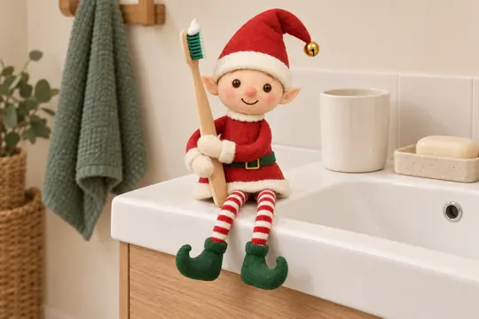 Le lutin assis au bord du lavabo, une brosse à dents neuve dans les bras, un petit point de dentifrice sur les poils.