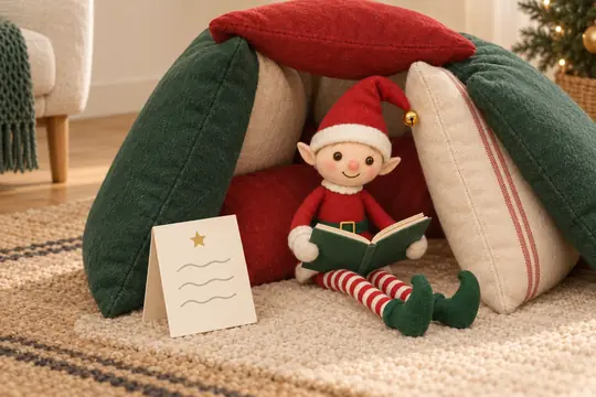 Une mini-cabane de coussins dans un coin du salon, le lutin lit à l'intérieur, un petit mot à l'entrée.
