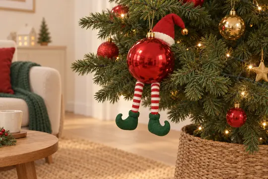 Le lutin caché derrière une boule rouge sur une branche basse du sapin : seuls ses jambes et son bonnet dépassent.