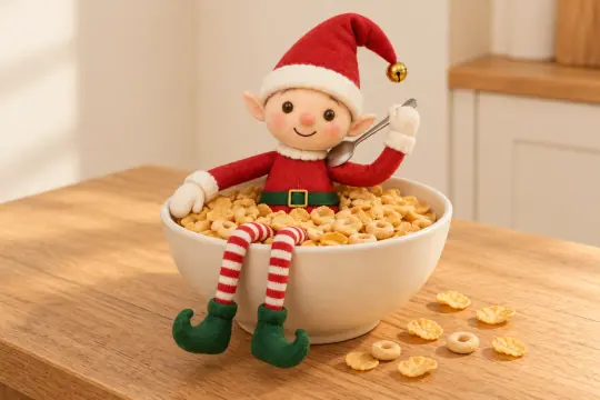 Le lutin assis dans un bol de céréales comme dans une baignoire, une petite cuillère en guise de brosse.