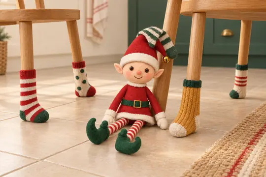Deux chaises de cuisine avec une chaussette colorée à chaque pied, le lutin assis contre un pied.