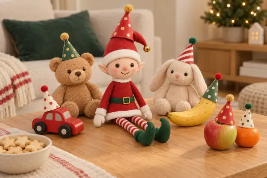 Peluches, jouets et fruits coiffés de petits chapeaux en papier, le lutin au milieu avec le plus beau.