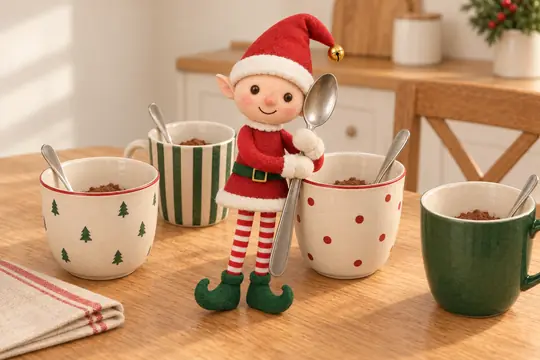 Le lutin debout au milieu des bols du petit-déjeuner, une cuillère dans les bras, du cacao au fond de chaque bol.