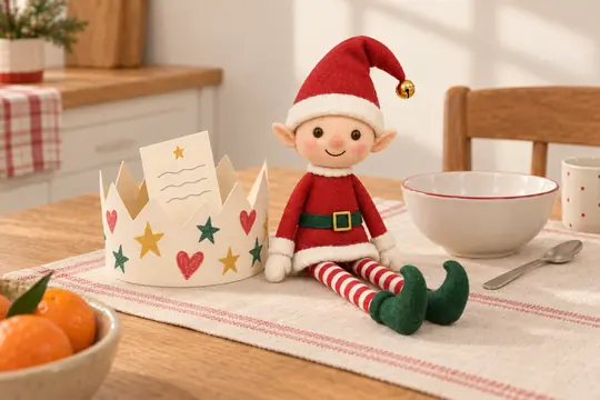 Une couronne en papier décorée d'étoiles et de cœurs posée à une place de la table, le lutin assis à côté.