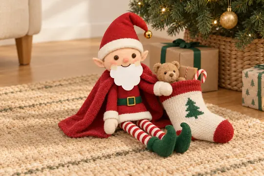 Le lutin déguisé en Père Noël : barbe en papier, serviette rouge sur les épaules et chaussette en guise de hotte.