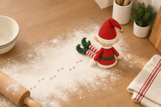 Le lutin assis au bout d'une piste de petites empreintes tracées dans la farine du plan de travail.