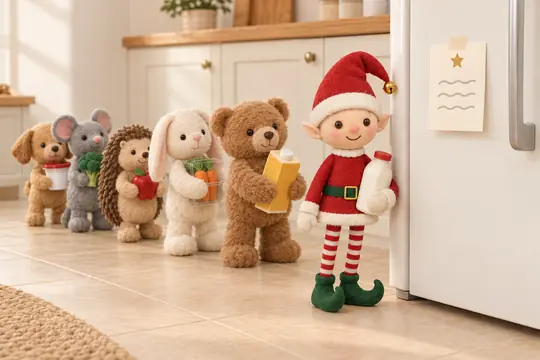 Des peluches font la queue le long des placards jusqu'au frigo, le lutin en tête, un mot scotché sur la porte.