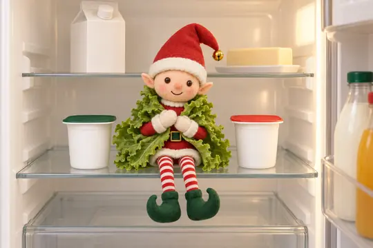 Le lutin assis dans le frigo entre deux yaourts, une feuille de salade sur les épaules comme une couverture.