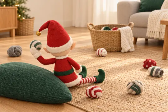Un panier avec quelques boules de chaussettes dedans et d'autres autour, le lutin prêt à lancer.