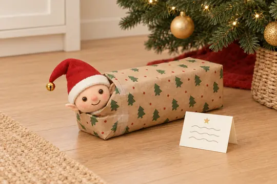 Au pied du sapin, le lutin emballé dans du papier cadeau, seule sa tête dépasse, un petit mot comme étiquette.