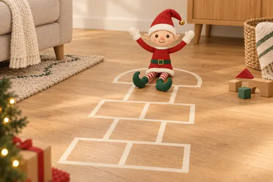 Une petite marelle tracée au scotch sur le sol du salon, le lutin assis dans la case du ciel, bras levés.