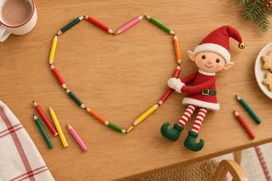 Des crayons de couleur alignés sur la table forment un grand cœur, le lutin au bout avec un dernier crayon.