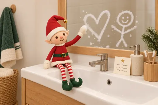 Sur le miroir de la salle de bain, un cœur et un bonhomme dessinés au savon ; le lutin assis au bord du lavabo.