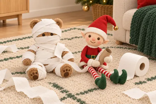 Une peluche enroulée de papier toilette comme une momie, et le lutin à côté avec le rouleau presque vide.