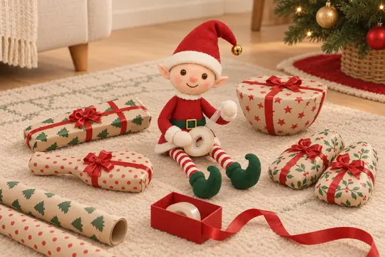 Le lutin entouré d'objets du quotidien emballés en papier cadeau : télécommande, bol, chaussons.