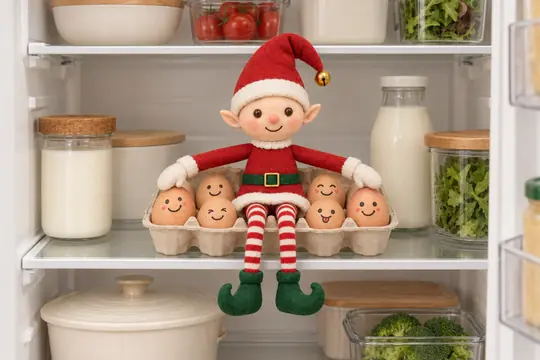 Dans le frigo, une boîte d'œufs ouverte, chaque œuf a une petite tête dessinée, le lutin assis dessus comme une poule.