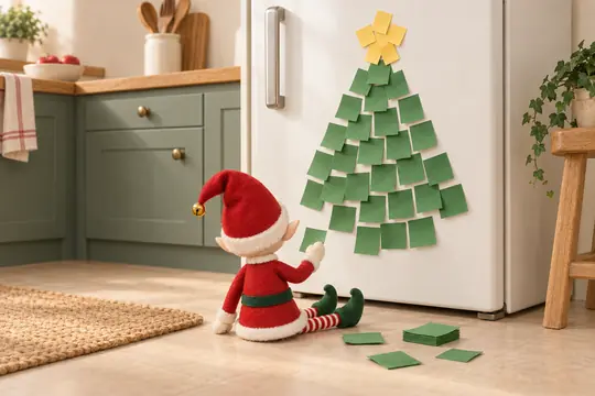 Sur la porte du frigo, un grand sapin en post-it verts, et le lutin au pied avec un post-it dans les mains.