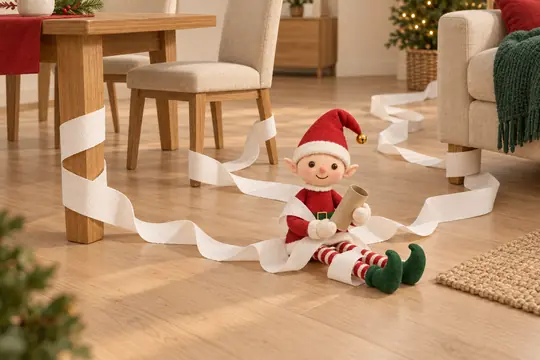 Du papier toilette déroulé autour des pieds de la table, des chaises et du canapé, le lutin emmêlé au bout.