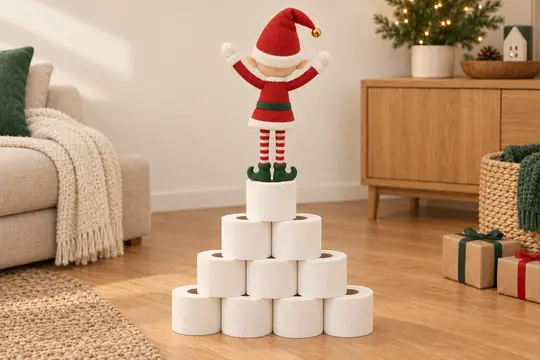 Une pyramide de rouleaux de papier toilette, le lutin tout en haut, les bras levés.