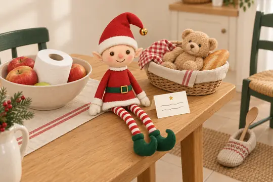 Un rouleau de papier toilette dans la corbeille à fruits, une peluche dans la panière, le lutin sur la table.