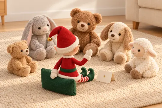 Le lutin debout au centre d'un cercle de peluches sur le tapis, un petit mot plié devant lui.