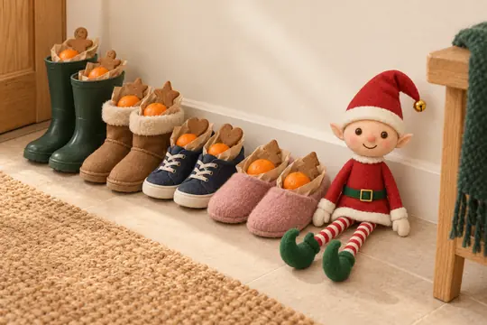 Une rangée de chaussures avec une clémentine et un pain d'épices dans chacune, le lutin assis au bout.
