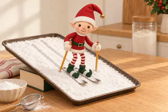Le lutin skie sur un plateau incliné couvert de sucre glace, des petites cuillères aux pieds, deux traces derrière lui.