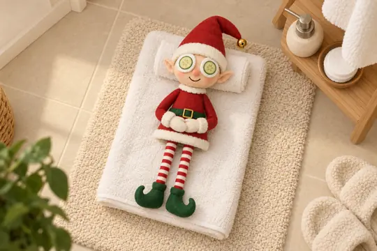 Le lutin allongé sur une serviette pliée, deux disques de coton posés sur le bord de son bonnet, comme au spa.