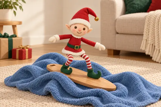 Le lutin debout sur une planche à découper comme sur une planche de surf, sur une serviette bleue en vagues.
