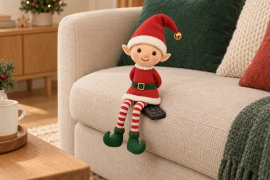 Le lutin assis l'air innocent sur le bout de la télécommande qui dépasse d'un coussin du canapé.