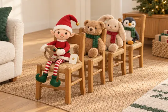 Des chaises alignées comme un train avec des peluches passagères, le lutin conducteur sur la première.